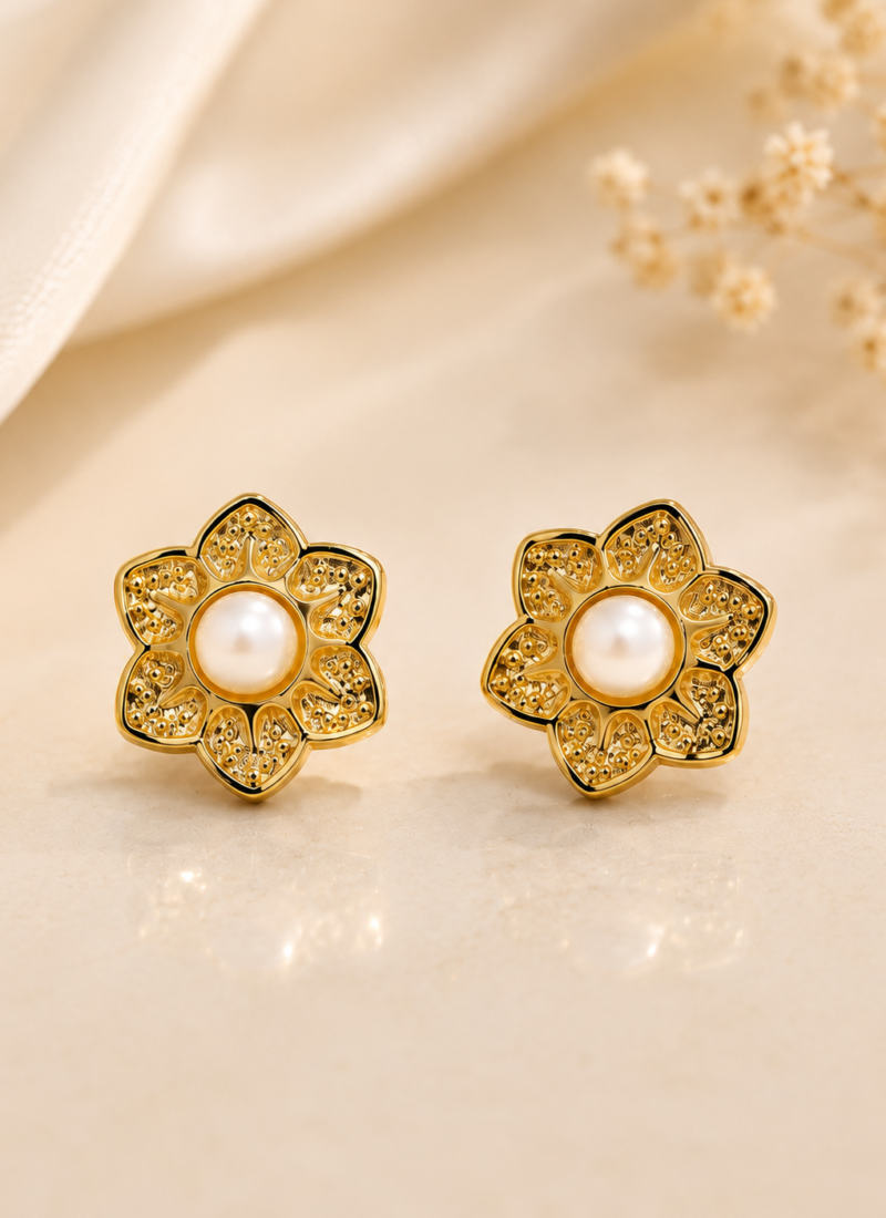 Golden Daisy Pearl Earrings with Floral Design and Pearl Centerpiece