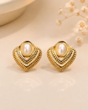 Golden Heart Pearl Earrings with Oval Pearl Centerpiece