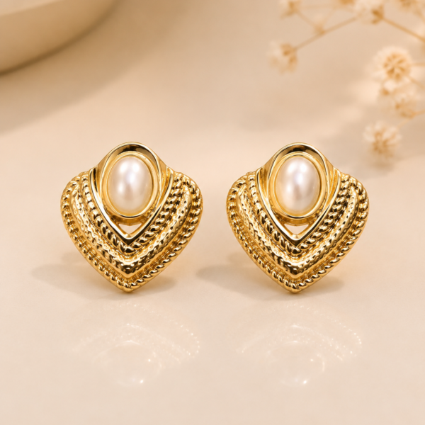 Golden Heart Pearl Earrings with Oval Pearl Centerpiece