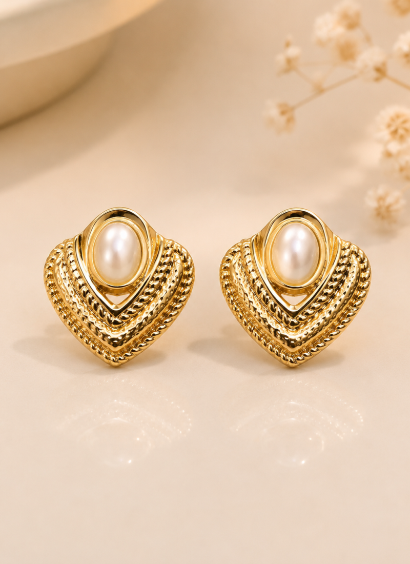 Golden Heart Pearl Earrings with Oval Pearl Centerpiece
