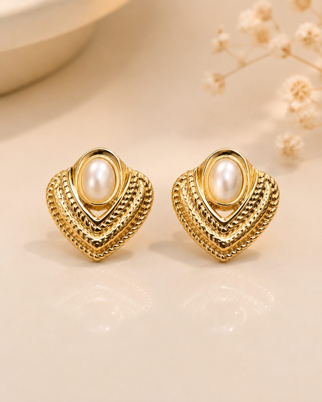 Golden Heart Pearl Earrings Golden Heart Pearl Earrings with Oval Pearl Centerpiece