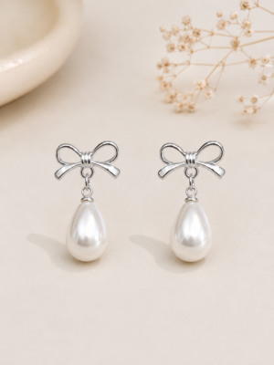 Pearl Bow Drop Earrings - Image 4
