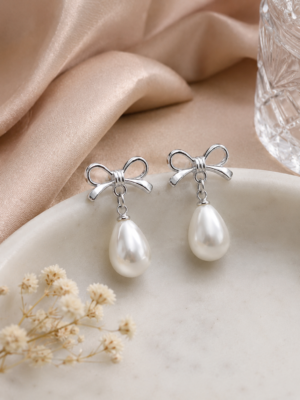 Pearl Bow Drop Earrings with Silver Bow and Teardrop Pearl