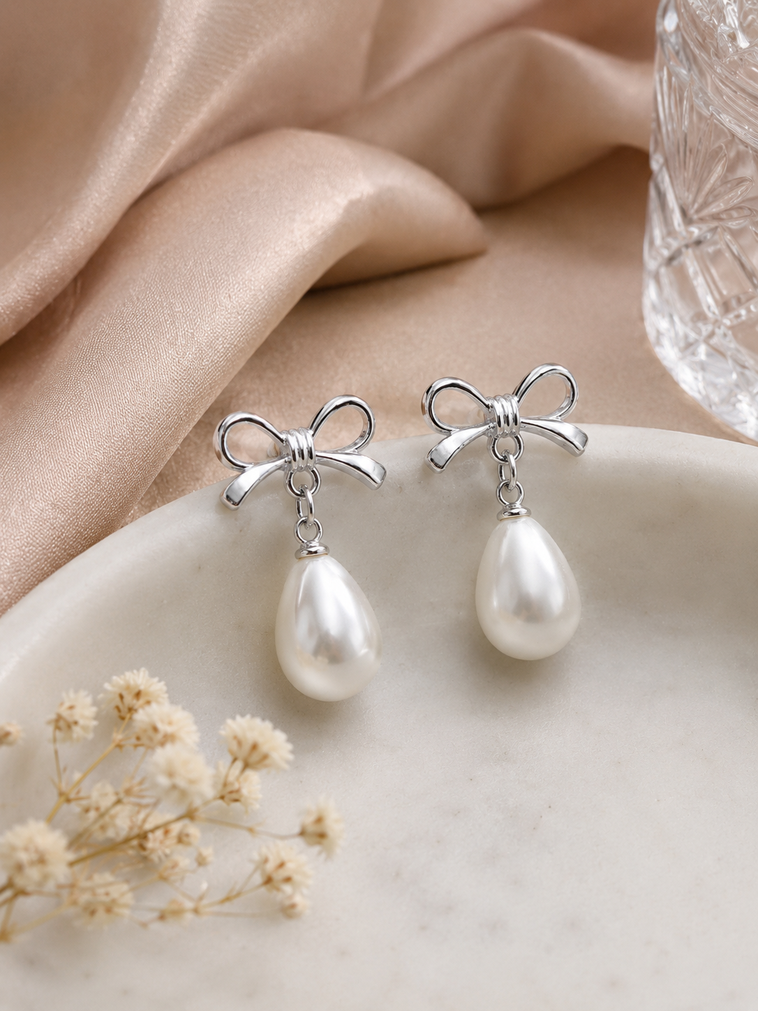 Pearl Bow Drop Earrings Pearl Bow Drop Earrings with Silver Bow and Teardrop Pearl