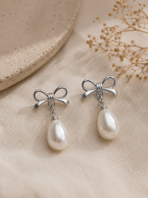 Pearl Bow Drop Earrings - Image 3