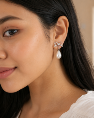 Pearl Bow Drop Earrings - Image 2