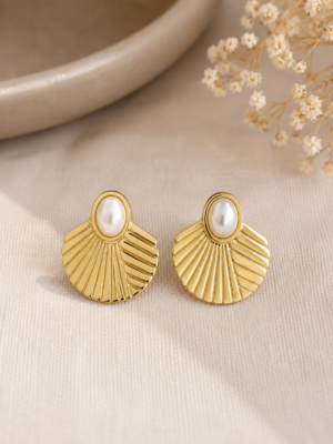 Golden Shell Pearl Stud Earrings - Image 3