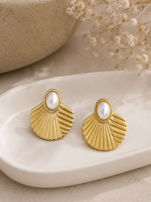 Golden Shell Pearl Stud Earrings with Oval Pearl Design