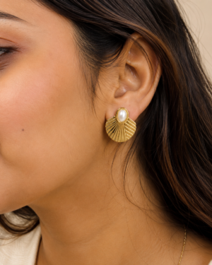 Golden Shell Pearl Stud Earrings - Image 2