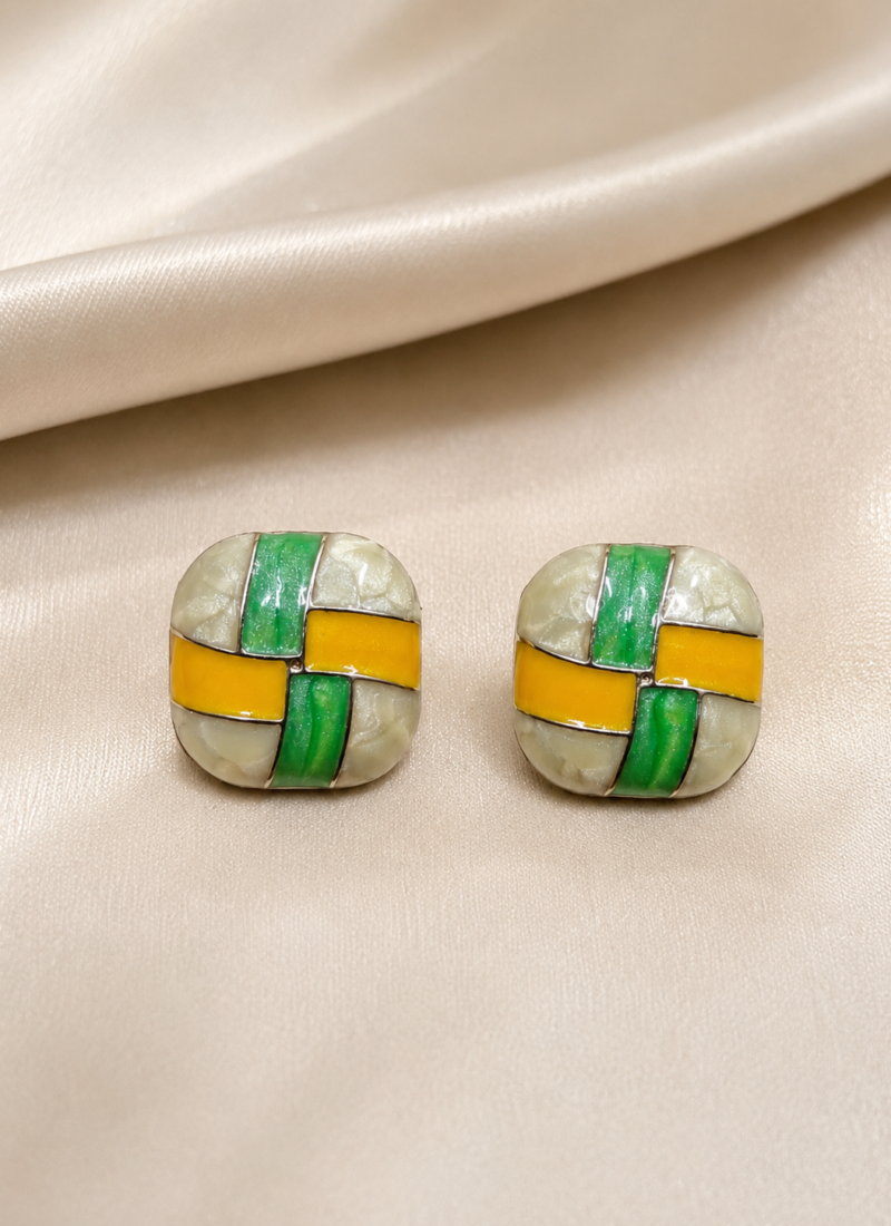 Green Yellow Block Stud Earrings with Geometric Color Block Design
