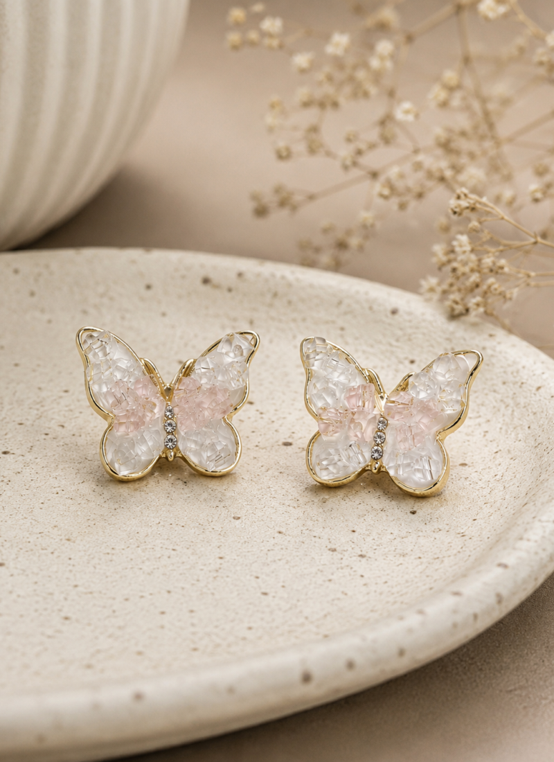 Crystal Marble Butterfly Earrings with 925 Sterling Silver Posts