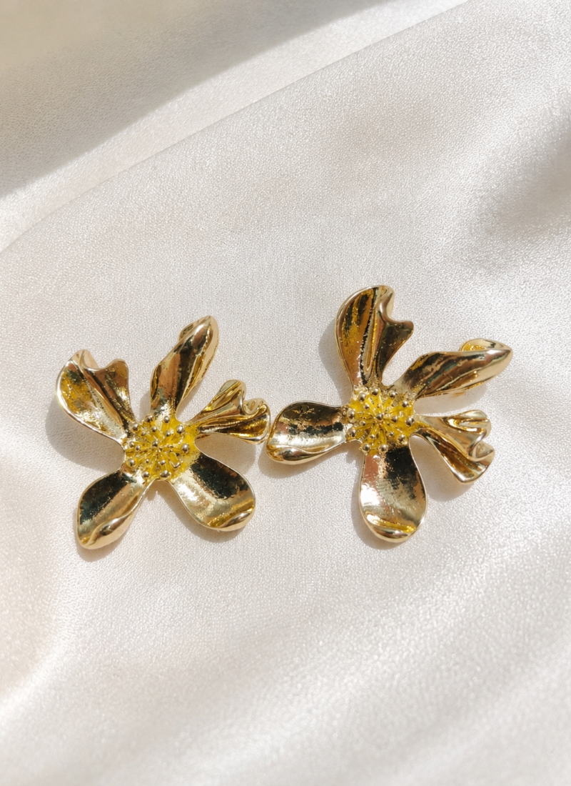 Golden Bloom Flower Statement Earrings in Premium Gold Finish