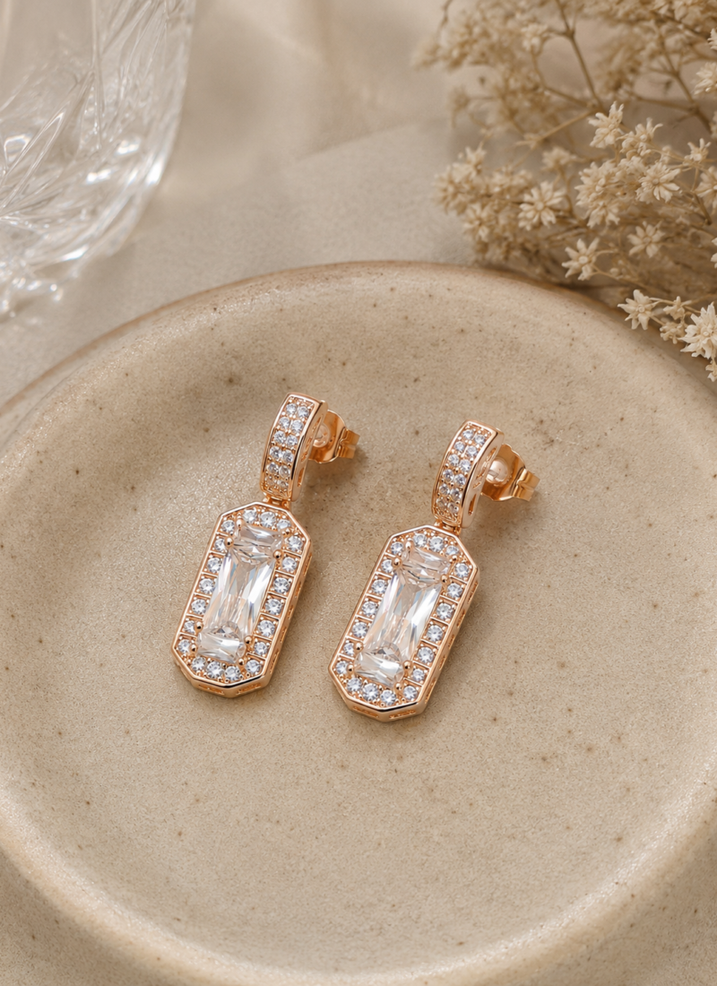 Elara Rose Gold Statement Drop Earrings with Baguette Crystal