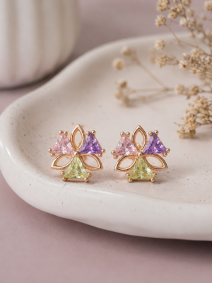 Pastel Bloom Stud Earrings with Pink Purple and Green Crystal Floral Design