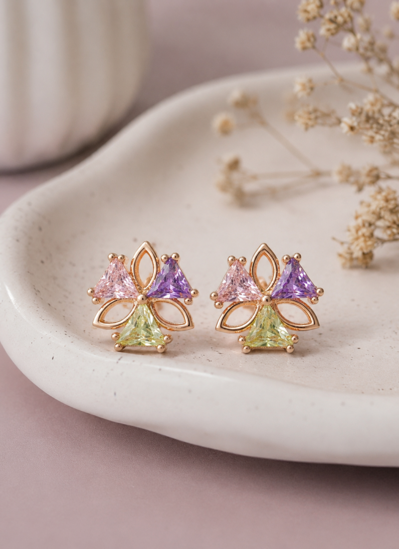 Pastel Bloom Stud Earrings with Pink Purple and Green Crystal Floral Design