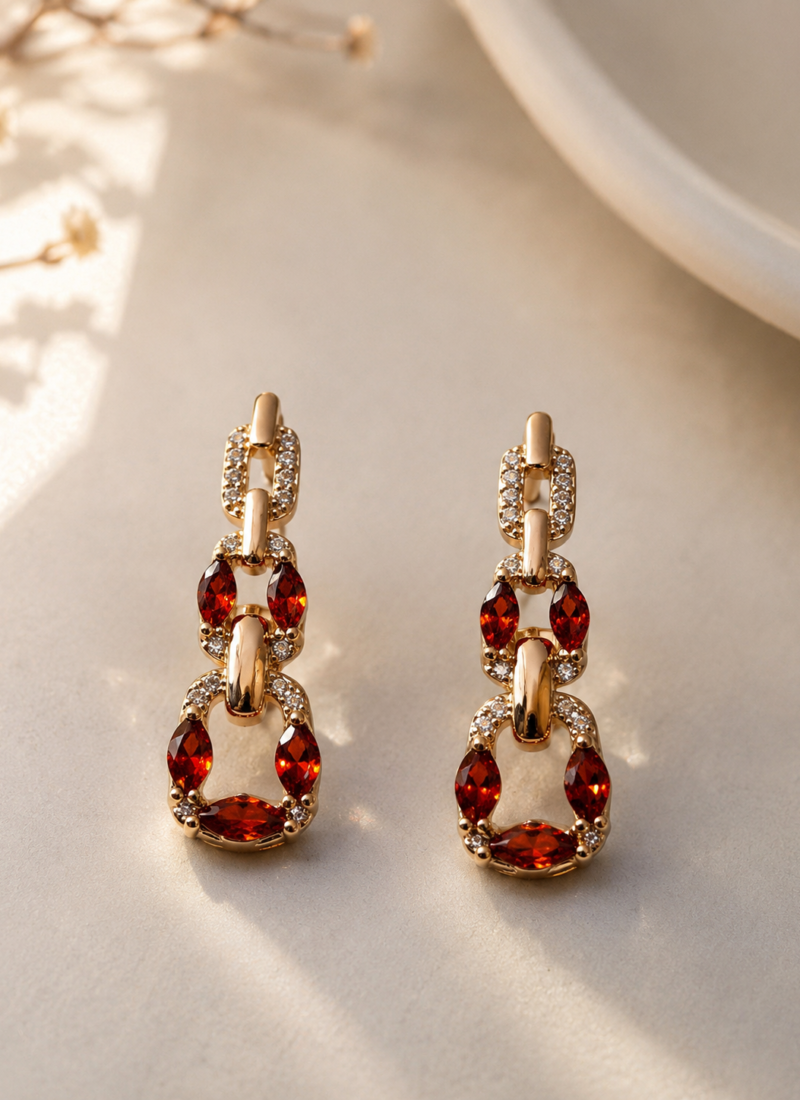 Luxury Gold Statement Earrings with Ruby Red Crystal Stones