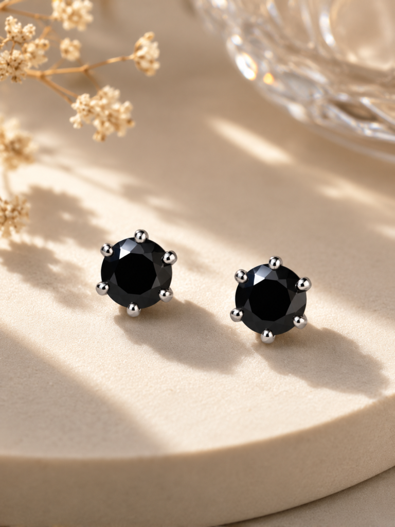 Crystal Black Stone Stud Earrings with 925 Sterling Silver Posts