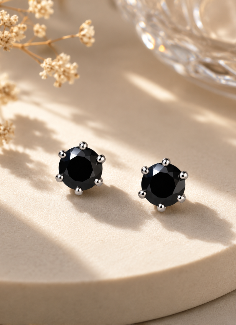Crystal Black Stone Stud Earrings with 925 Sterling Silver Posts