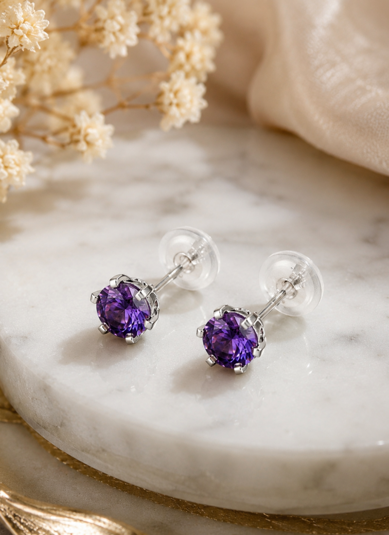 Crystal Purple Stud Earrings with 925 Sterling Silver Posts