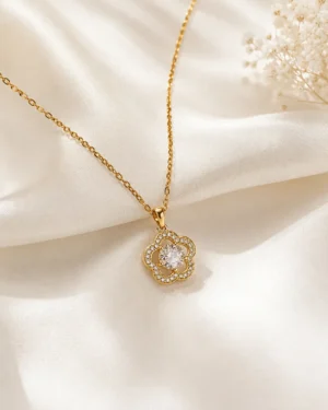 Crystal Golden Flower Pendant Necklace featuring a sparkling floral crystal pendant with a premium gold finish