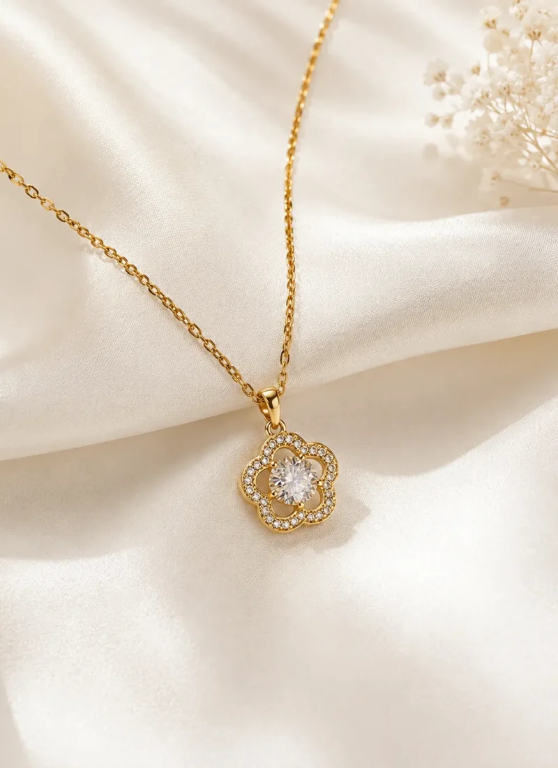 Crystal Golden Flower Pendant Necklace featuring a sparkling floral crystal pendant with a premium gold finish
