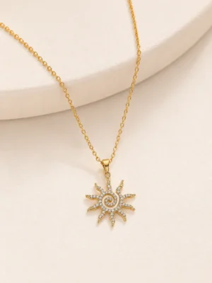 Celestial Sun Pendant Necklace with Crystal Sunburst Pendant in Gold Finish