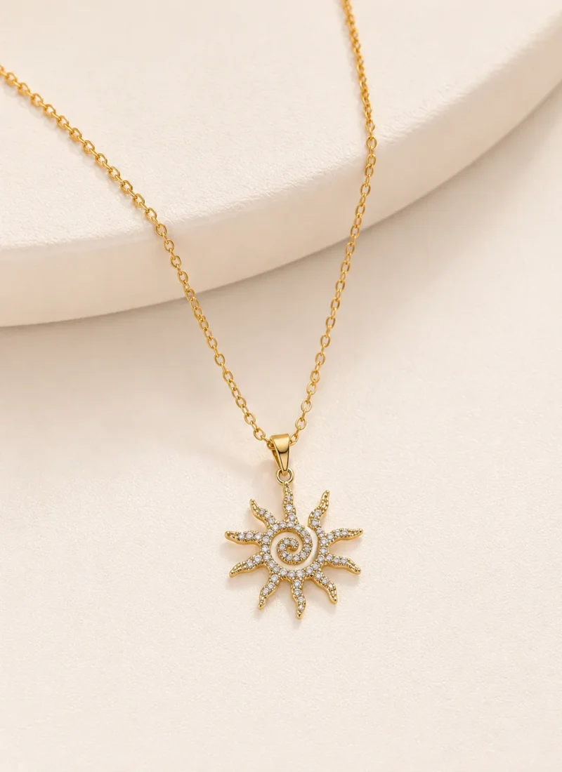 Celestial Sun Pendant Necklace with Crystal Sunburst Pendant in Gold Finish