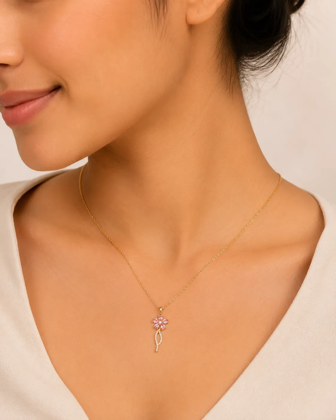 Pink Flora Spark Pendant Necklace Pink Flora Spark Pendant Necklace featuring a delicate pink crystal flower pendant with gold finish