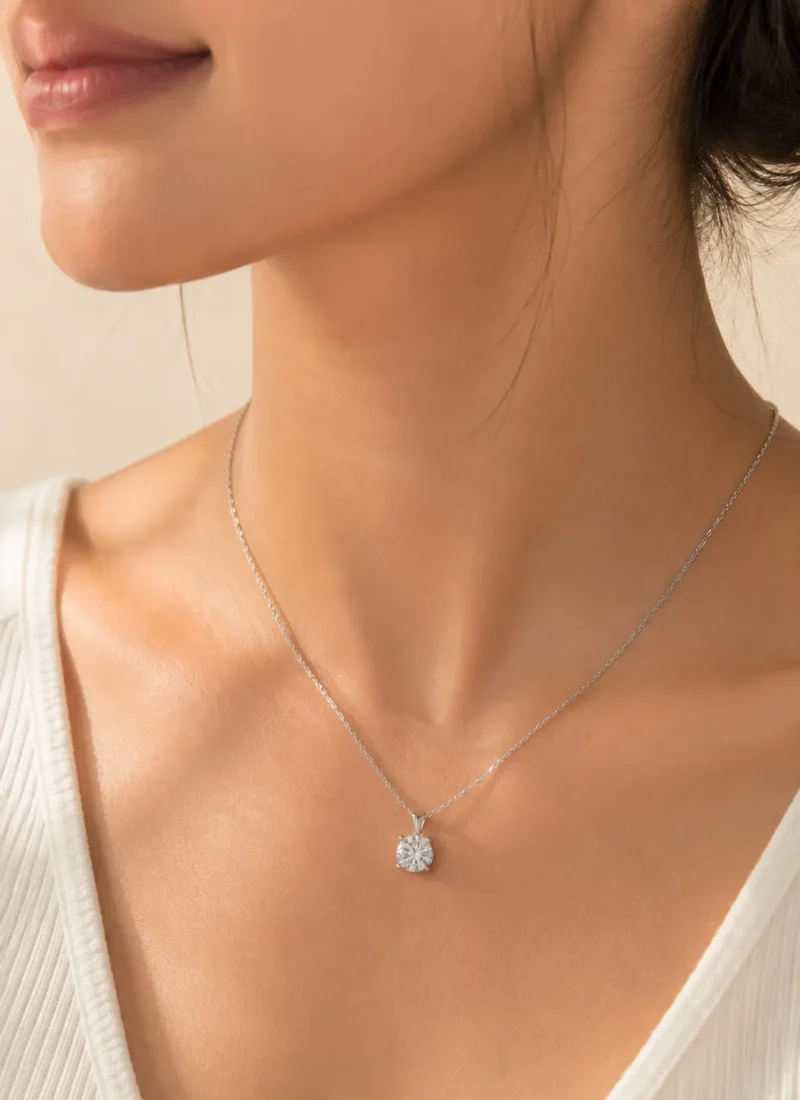 Starlight White Crystal Pendant Necklace featuring a brilliant round-cut white crystal solitaire on a silver chain