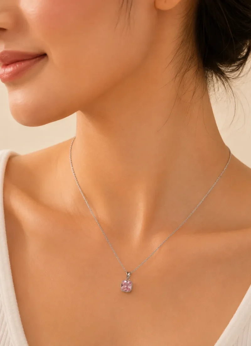 Blush Pink Pendant Necklace featuring a sparkling round blush pink crystal on a silver chain