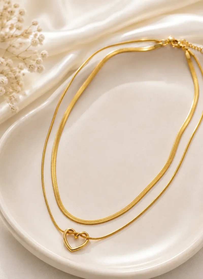Open Heart Double Layer Gold Necklace with Herringbone Chain and Minimal Heart Pendant