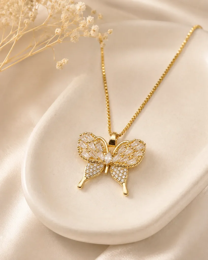 Angel Golden Butterfly Necklace with Crystal Butterfly Pendant in Gold Finish