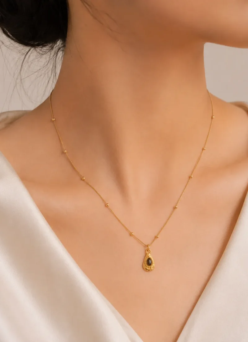 Ophelia Pendant Necklace with Gold Beaded Chain and Black Teardrop Stone Pendant