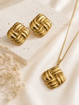 Aurielle Knot Jewelry Set with Gold Woven Pendant Necklace and Matching Knot Earrings