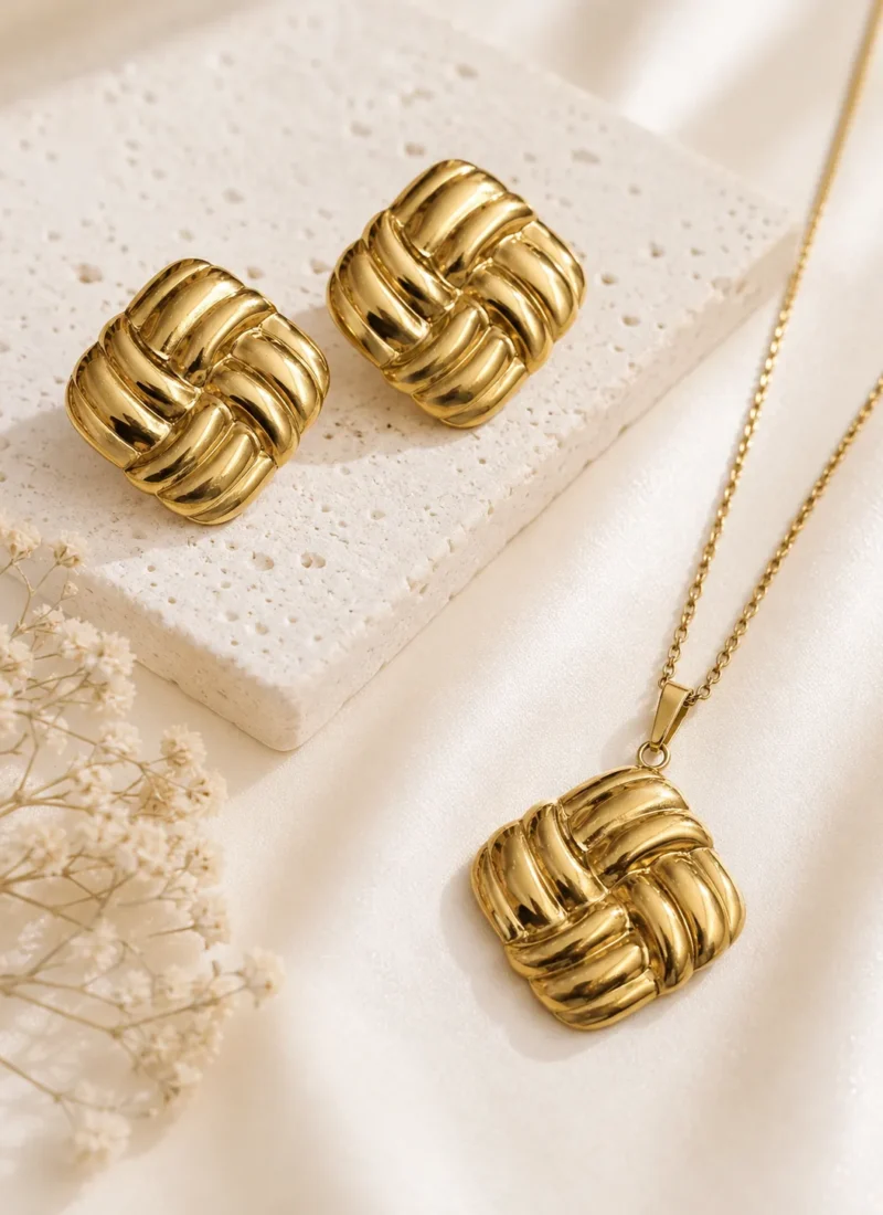 Aurielle Knot Jewelry Set with Gold Woven Pendant Necklace and Matching Knot Earrings