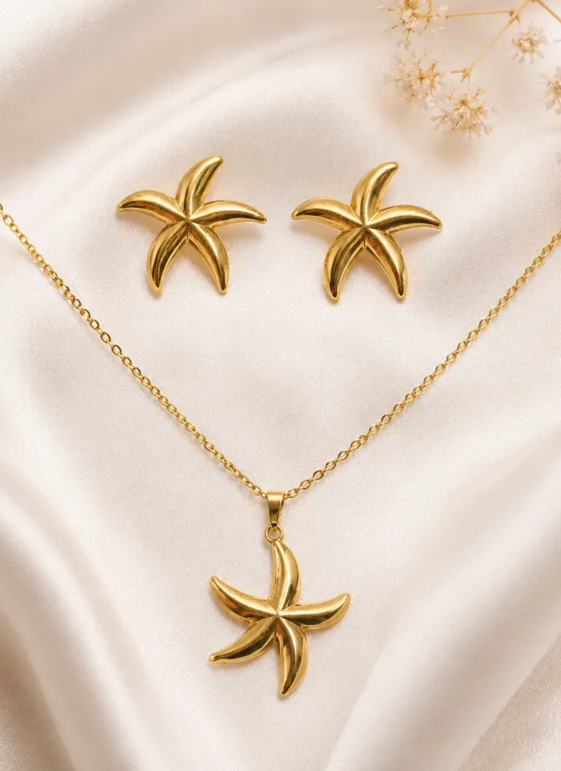Golden Palm Necklace Set with Matching Gold Palm Earrings