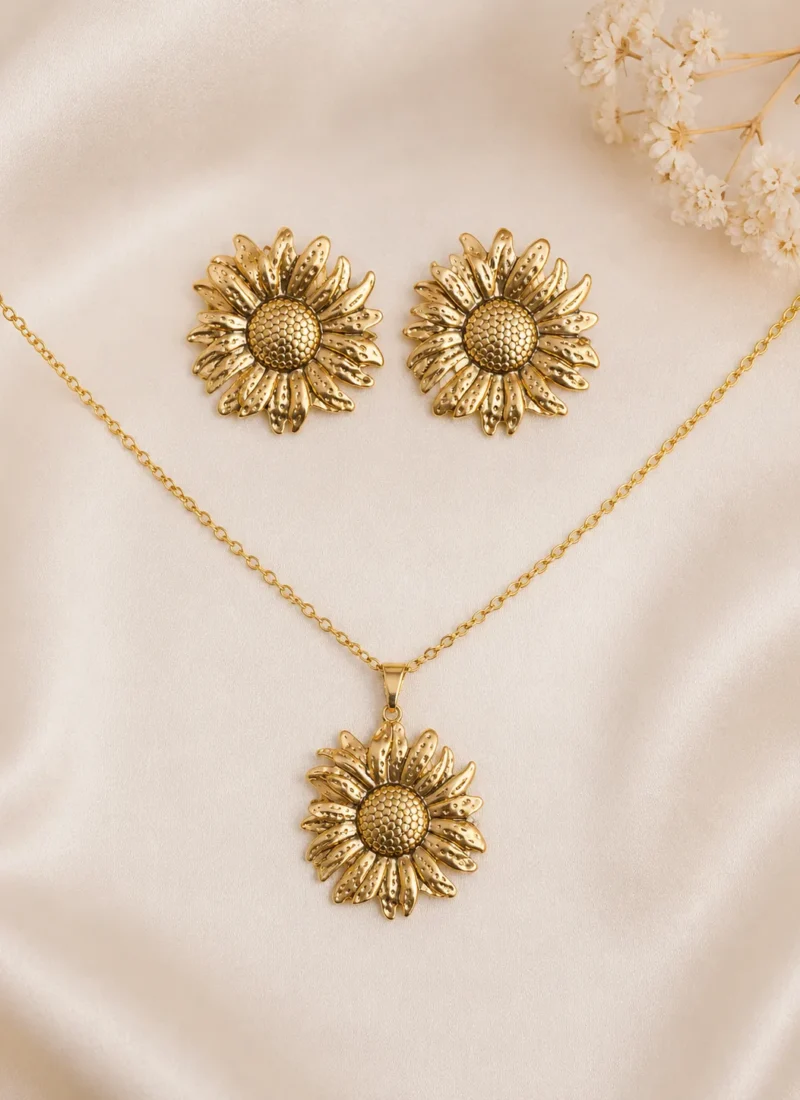 Solara Sunflower Set with Gold Sunflower Pendant Necklace and Matching Earrings