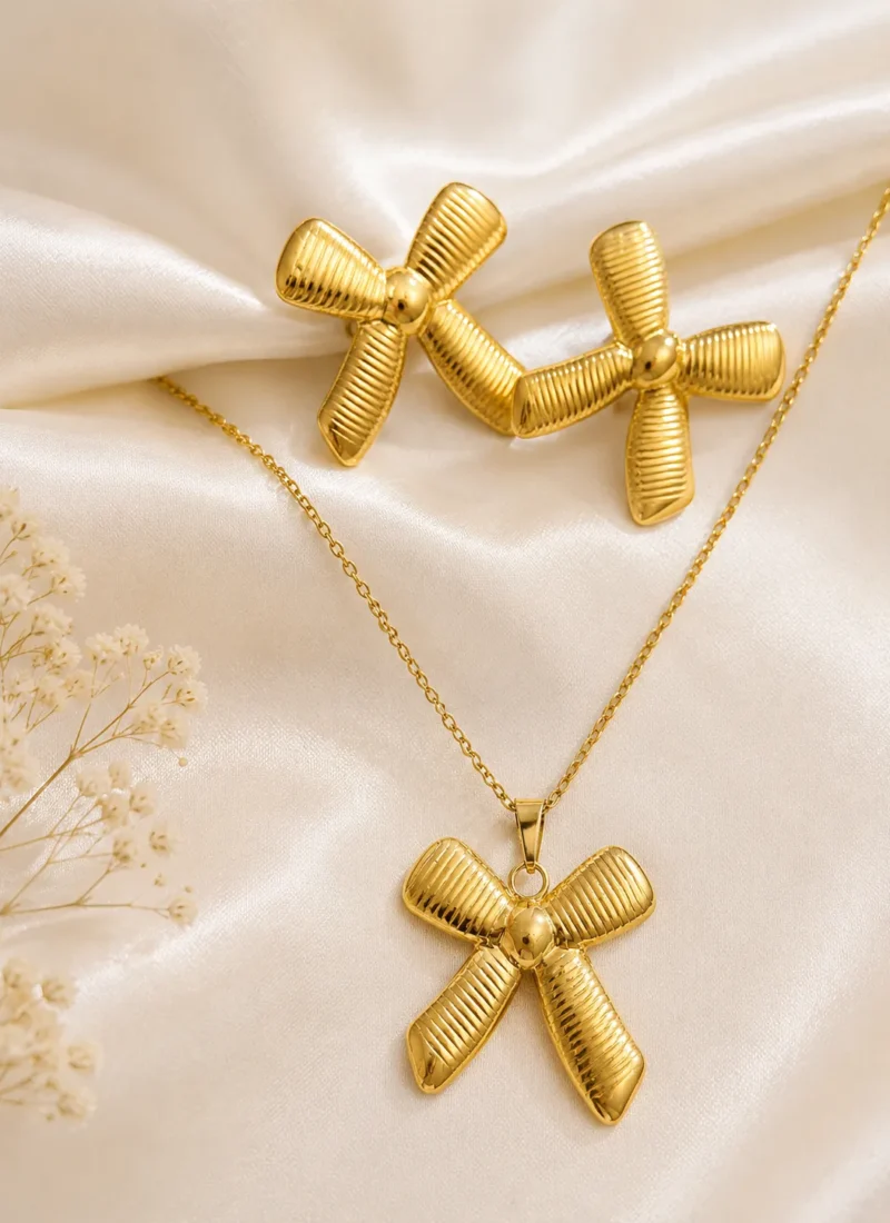 Golden Grace Bow Set with Gold Bow Pendant Necklace and Matching Bow Earrings