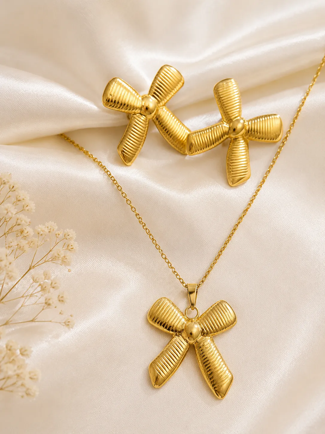 Golden Grace Bow Set Golden Grace Bow Set with Gold Bow Pendant Necklace and Matching Bow Earrings