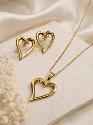 Love Loop Set with Gold Heart Pendant Necklace and Matching Heart Earrings