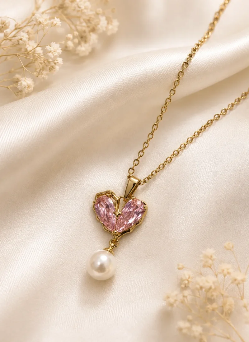 Pink Pearl Drop Pendant Necklace with Heart Crystal and Pearl Drop