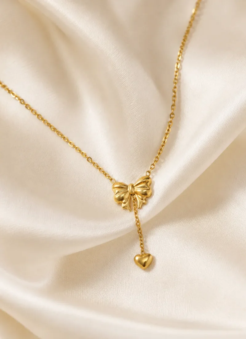 Bow & Heart Necklace with Gold Bow Pendant and Dangling Heart Charm
