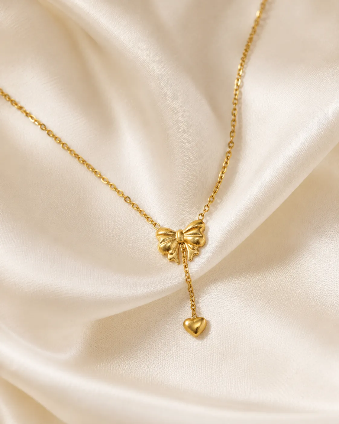 Bow & Heart Necklace Bow & Heart Necklace with Gold Bow Pendant and Dangling Heart Charm