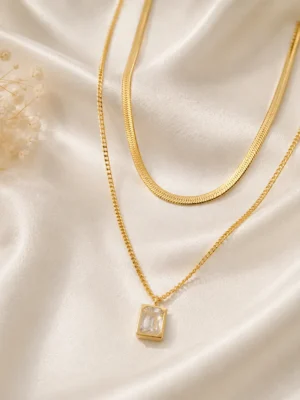 Minimal Luxe Crystal Layered Necklace with Emerald Cut Crystal Pendant