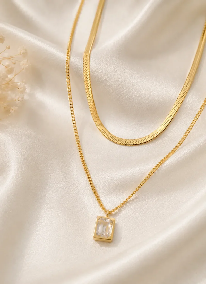 Minimal Luxe Crystal Layered Necklace with Emerald Cut Crystal Pendant
