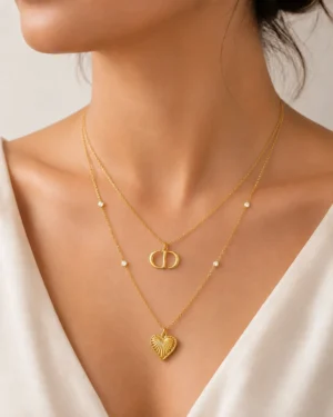Double Golden Charm Necklace with Layered Gold Chains and Heart Pendant