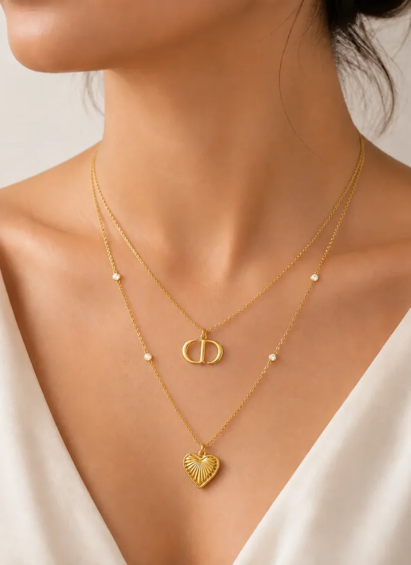 Double Golden Charm Necklace with Layered Gold Chains and Heart Pendant