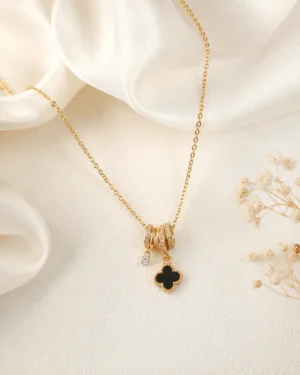 Black Charm Minimal Necklace with Black Clover Pendant and Crystal Charm