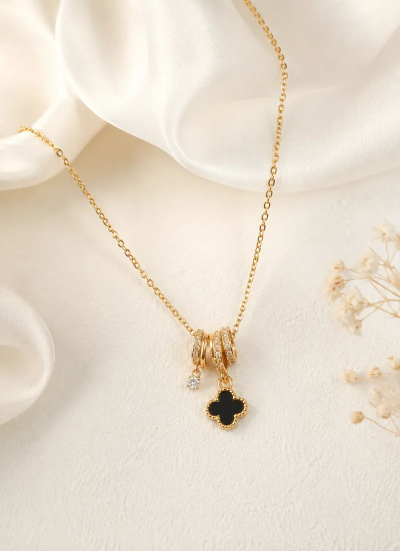 Black Charm Minimal Necklace with Black Clover Pendant and Crystal Charm