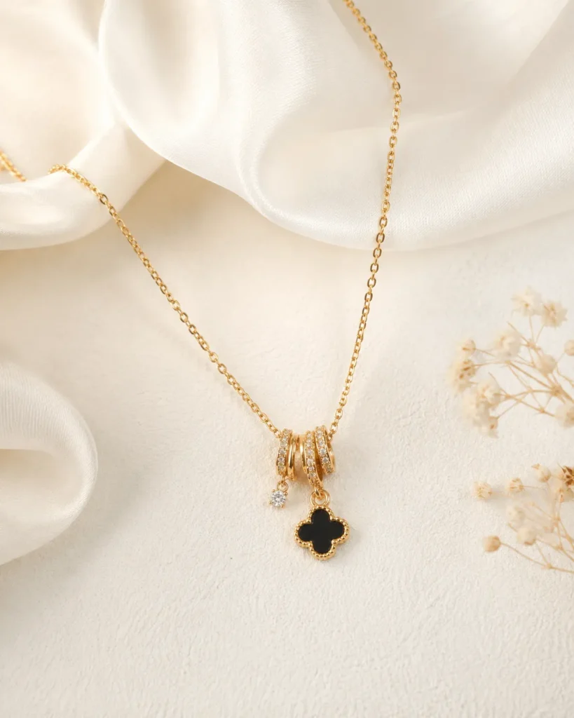 Black Charm Minimal Necklace with Black Clover Pendant and Crystal Charm